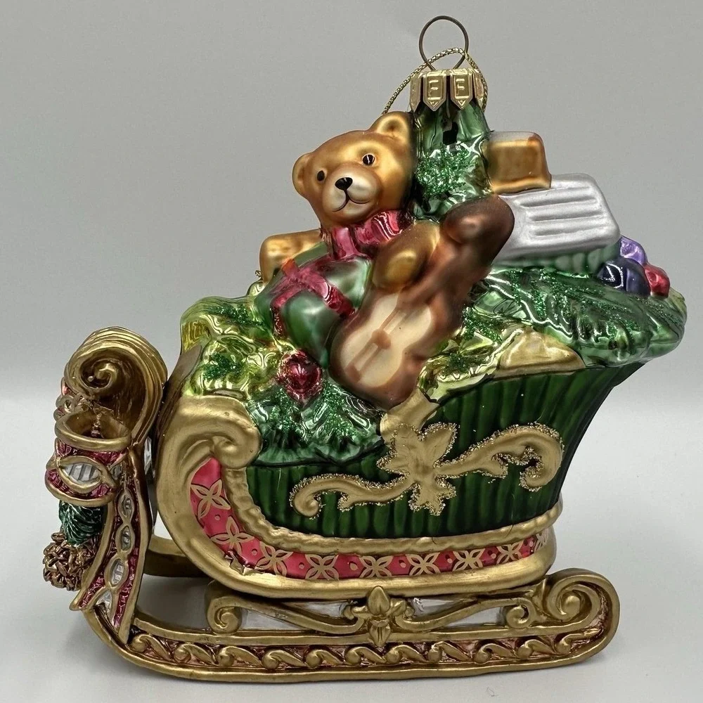 Fitz And Floyd Glass Christmas Tree Sleigh Ornament Teddy Bear Gifts Green Box‎